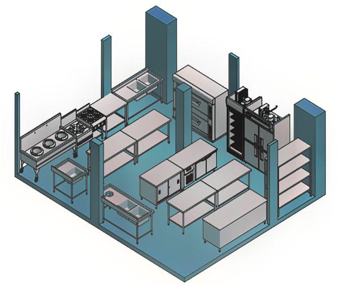 نقشه سه بعدی چیدمان تجهیزات آشپزخانه صنعتی